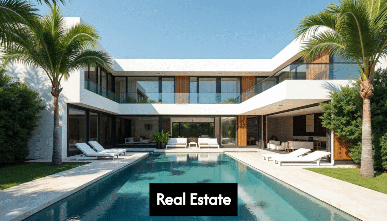 Modern villa with pool in lush tropical landscape