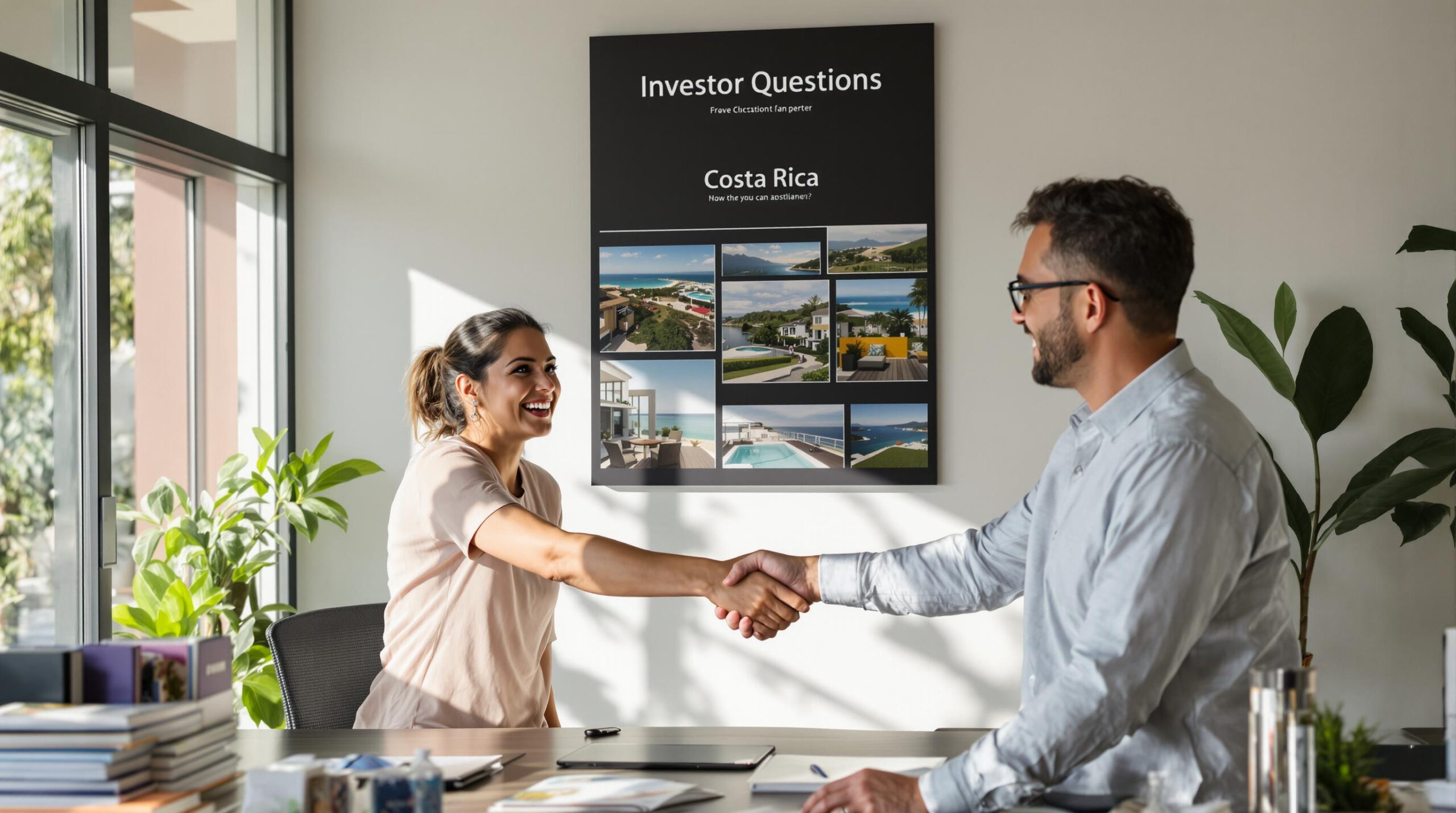 Expat couple meets agent in Costa Rica real estate office, poster reads Investor Questions