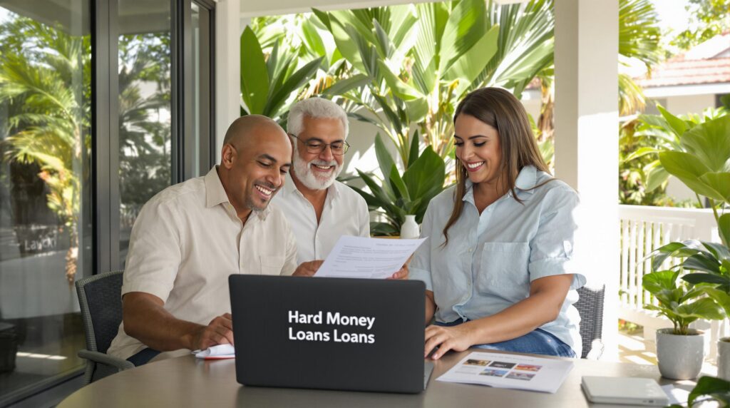 Expats meeting with agent in Costa Rica, laptop shows 'Hard Money Loans'