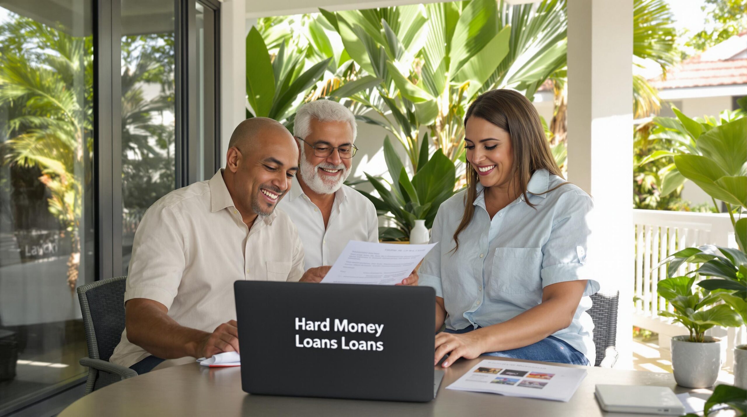 Expats meeting with agent in Costa Rica, laptop shows 'Hard Money Loans'