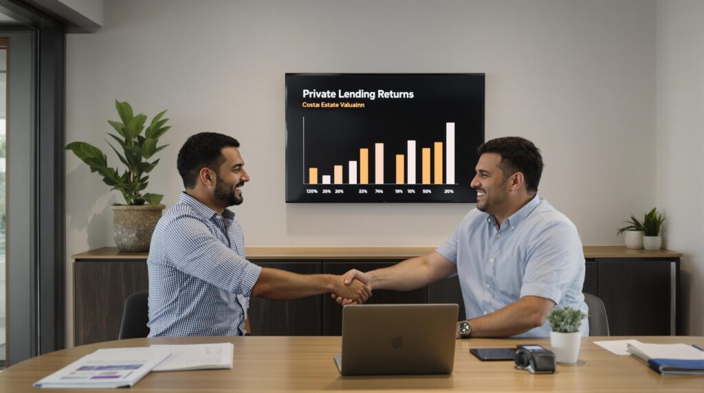 Expat and local handshake over property documents showing private lending returns concept