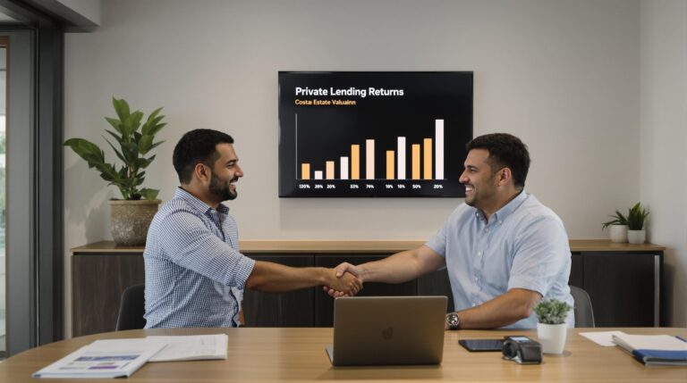 Expat and local handshake over property documents showing private lending returns concept