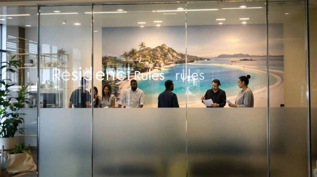 Investors at a modern immigration office discussing expat residency requirements