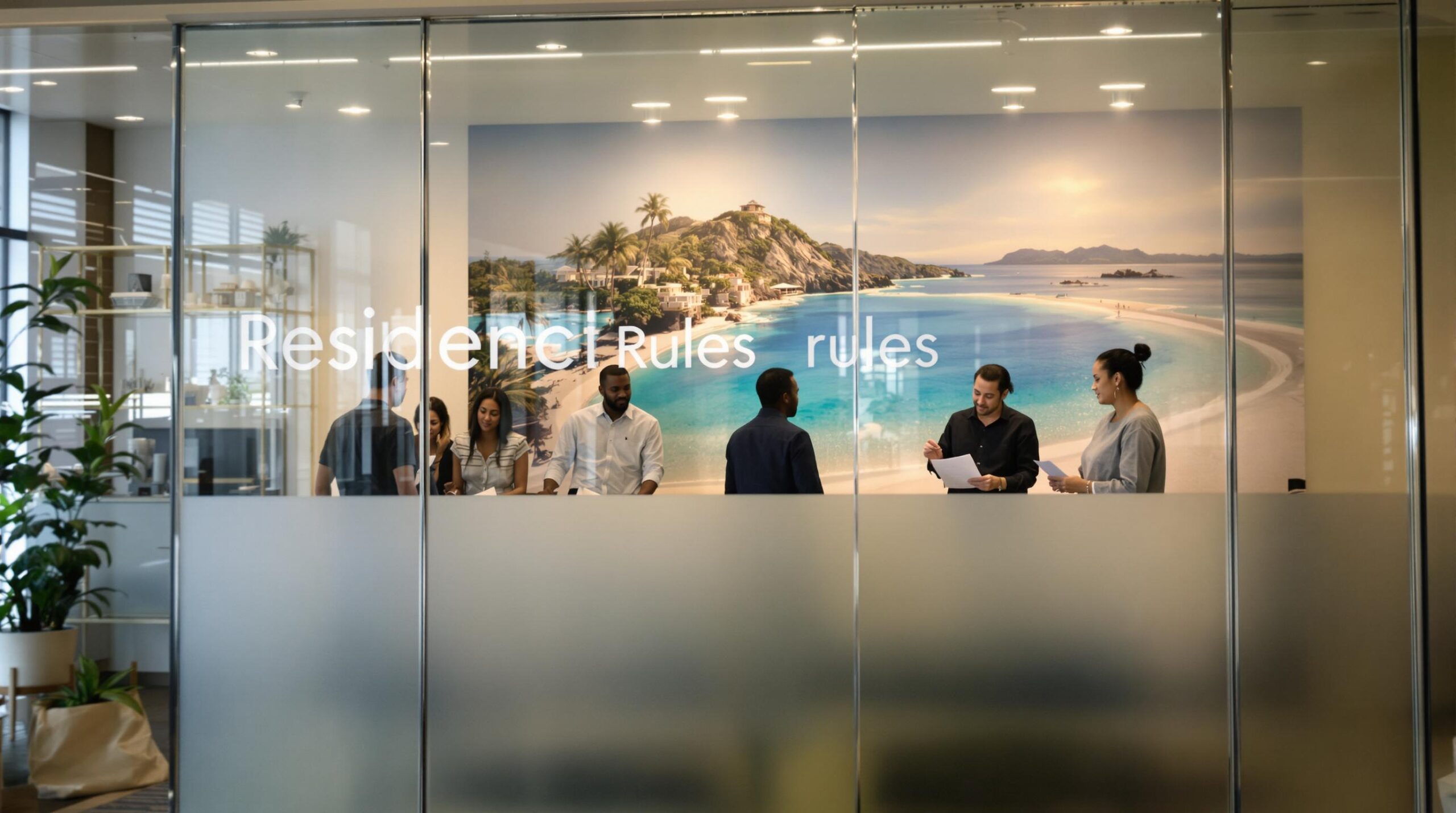 Investors at a modern immigration office discussing expat residency requirements
