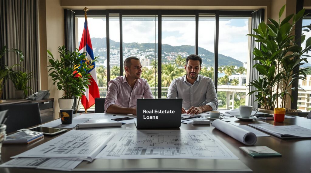Two professionals reviewing real estate loans in a sunlit modern office