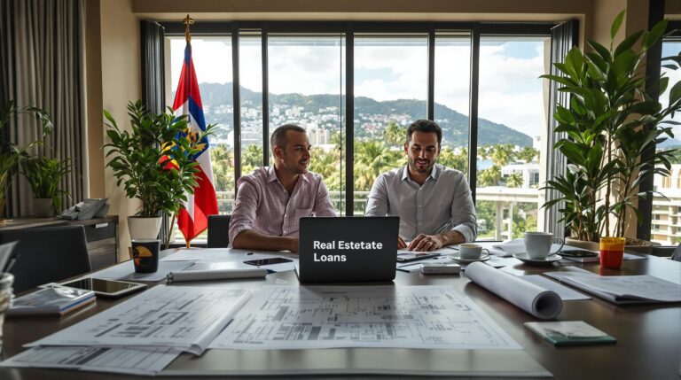 Two professionals reviewing real estate loans in a sunlit modern office