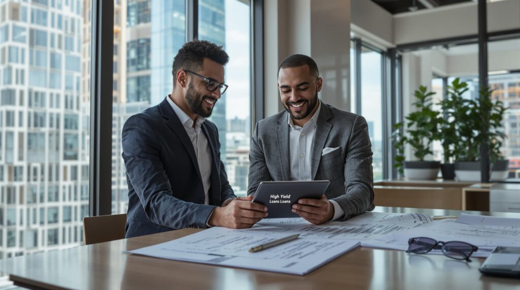 Investors in a bright office discuss high yield real estate loans with city view.