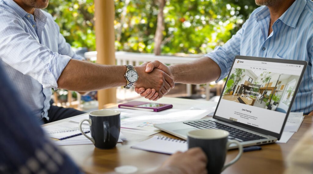 Expat and local property owner shaking hands over real estate documents outdoors