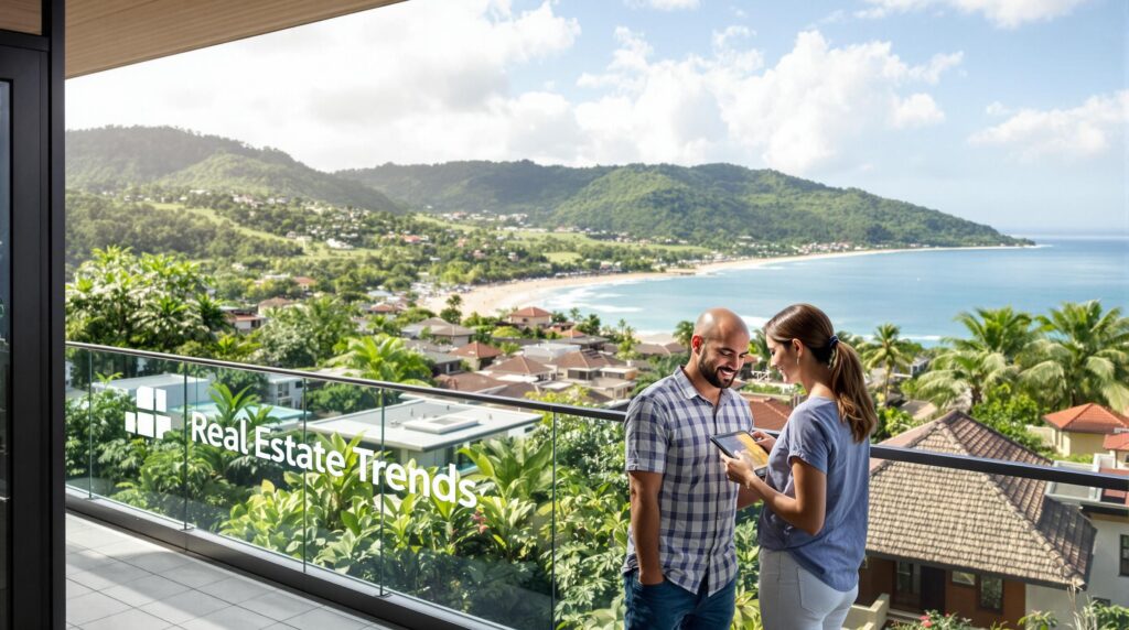 Couple reviewing listings on Costa Rica terrace with real estate scenery