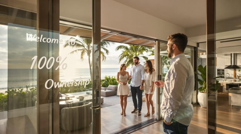 International investors touring Costa Rica beachfront home with '100% Ownership' on welcome sign